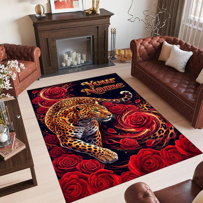 Leopard Theme Crystal Velvet Floor Rug Personalized Custom Name Text Warm Carpet Home Decoration