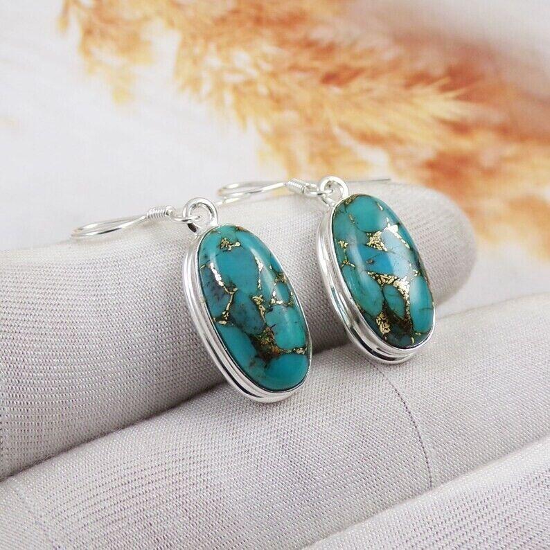 Blue Copper Turquoise Earrings, Ear Wire Earring, Oval Blue Turquoise Earring