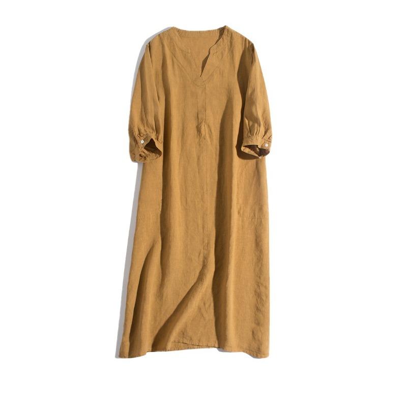 Summer New Loose Neck Five Quarter Sleeve Cotton Linen Dress for Women, Mid Length Skirt