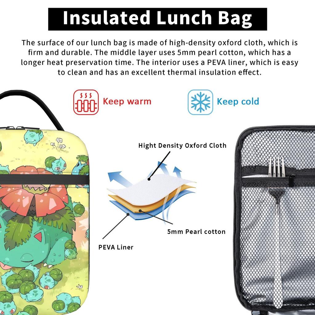 Bulbasaur Group Anime Lunch Bag School Portable Lunch Box For Girls Oxford Designer Cooler Bag