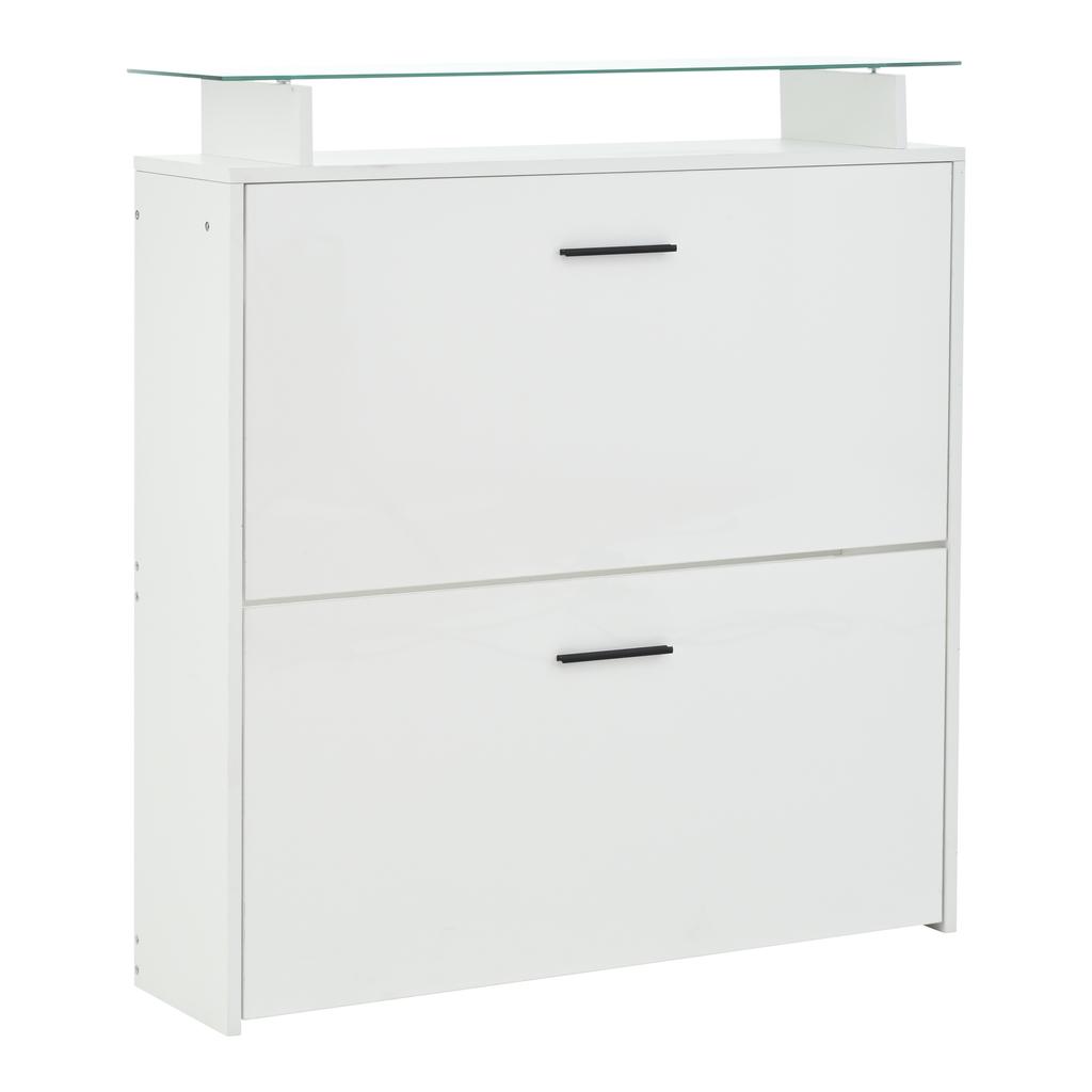 89.5*23*96.5cm Hallway Wardrobe Set 4-Piece with Mirror, 2 Hat Shelves and High Gloss Shoe Cabinet, with 8 Clothes Hooks, White