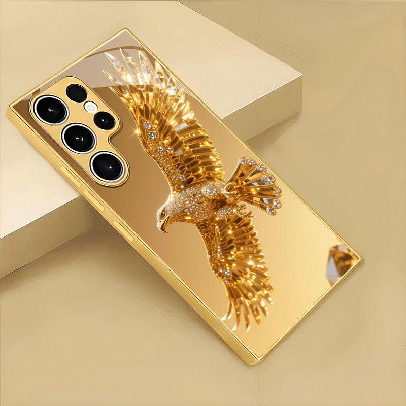 Diamond Golden Eagle Pattern Gold Glass Phone Case Suitable for Samsung Galaxy S26 S25 S24 S22 S21 S20 FE/Ultra/Plus Anti Drop