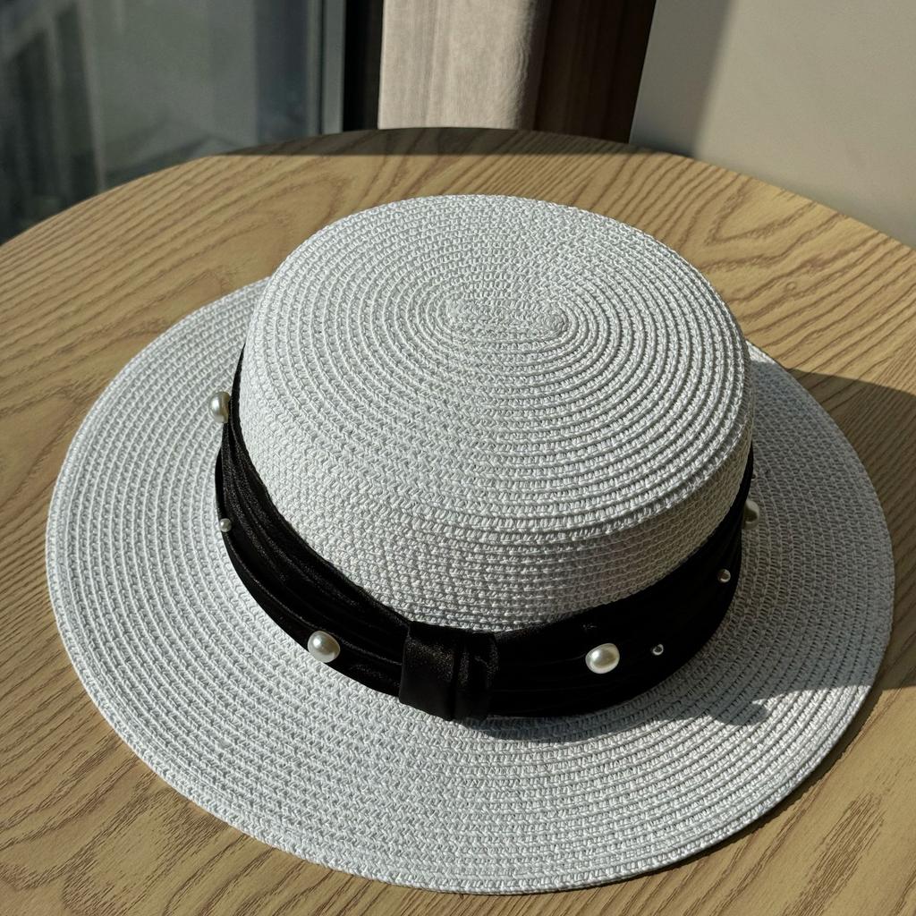 Retro French Pearl Flat Top Top Hat Women's Spring and Summer Travel Sunscreen Sunshade Straw Hat