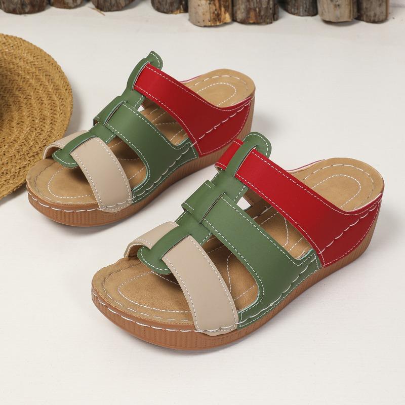 Spring and summer color matching casual hollow thick-soled muffin cool slippers women wear one-character slippers large-size sandals