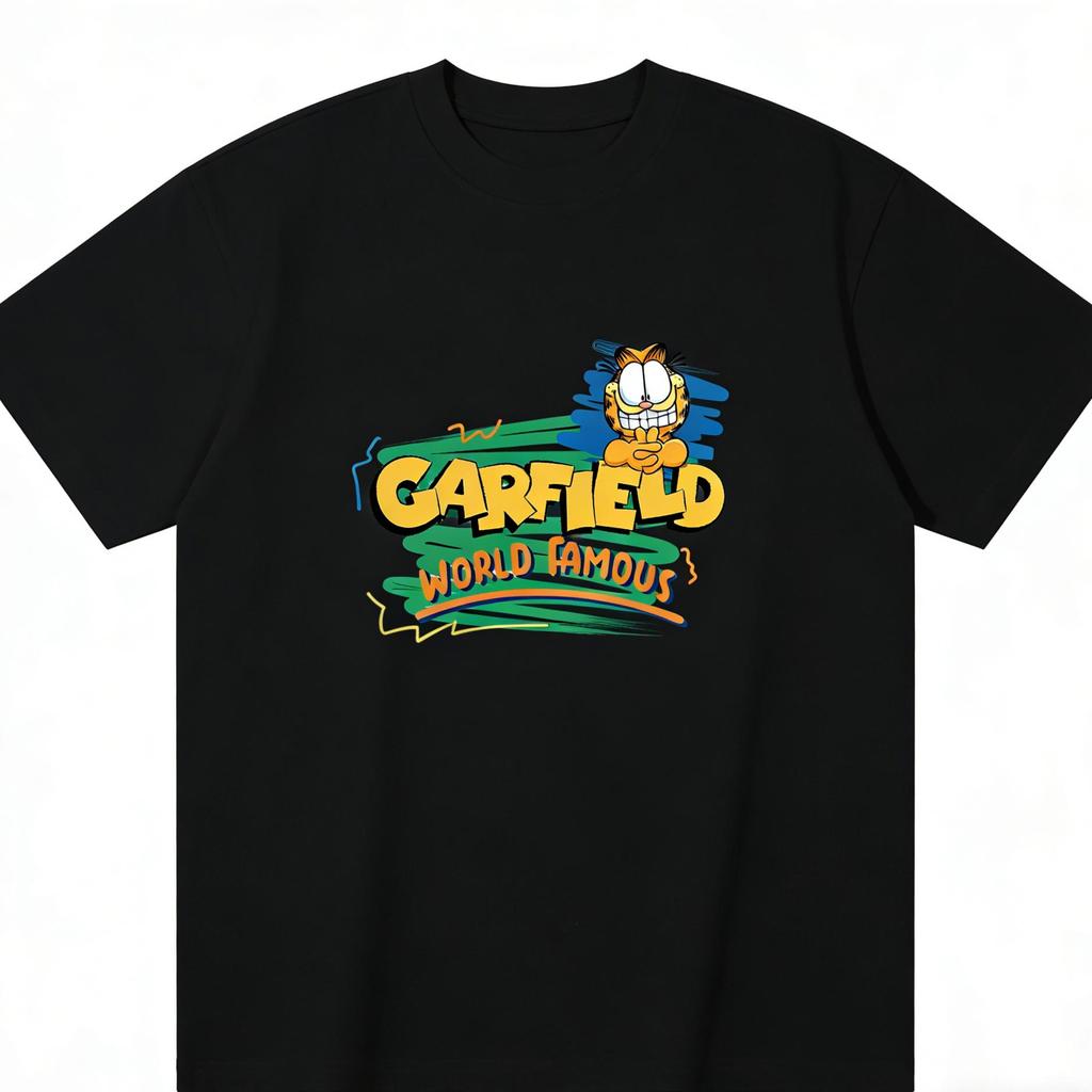 Garfield """FAMOSO IN TUTTO IL MONDO""" T-shirt a maniche corte con stampa di lettere "WORLD FAMOUS", Marchio Streetwear Americano Cotone Pesante Vestibilità Larga Oversize Top per Coppia