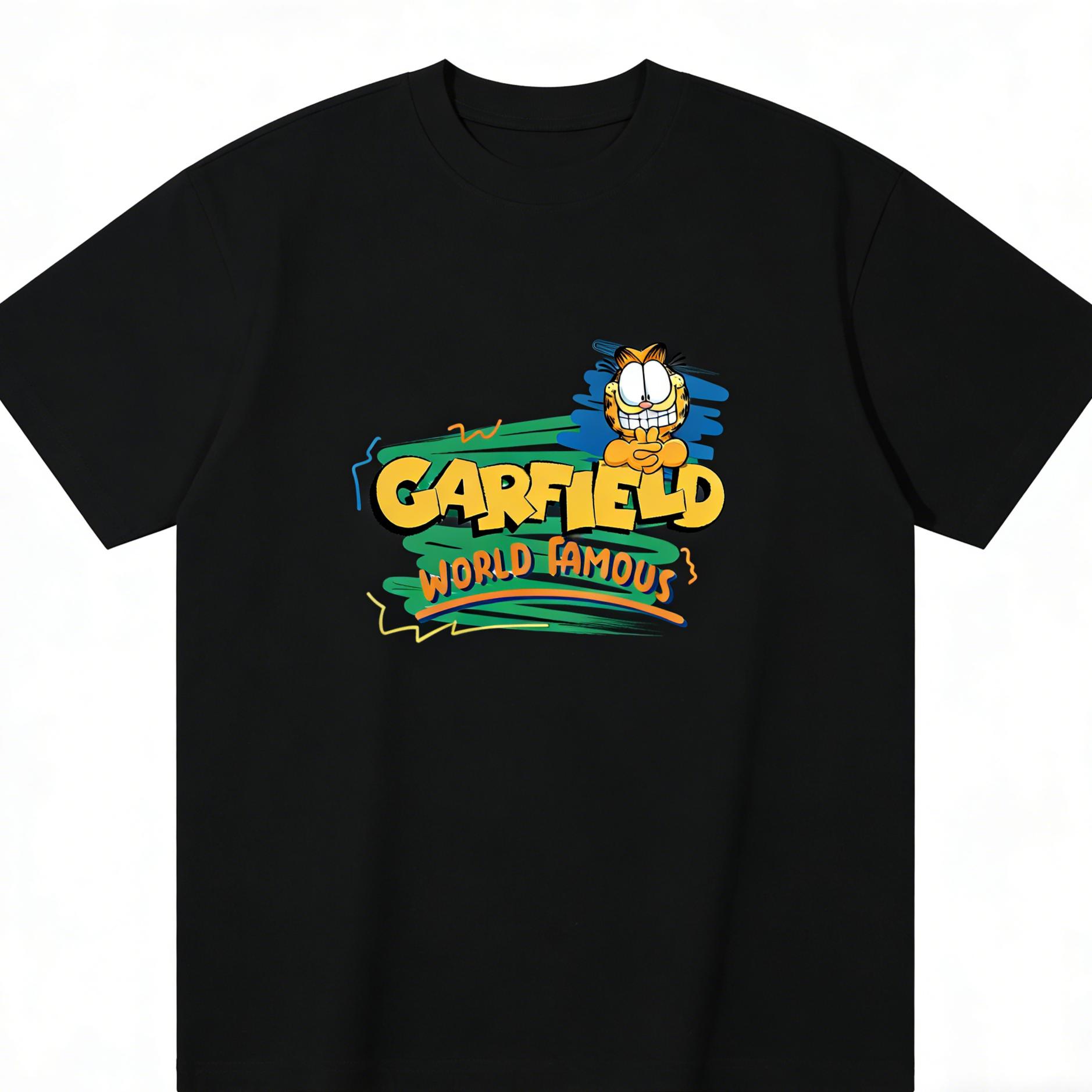 Garfield  WORLD FAMOUS  World Famous Letter Print Short Sleeve T-Shirt, American Streetwear Brand Heavyweight Cotton Loose Fit Oversized Couple Top S