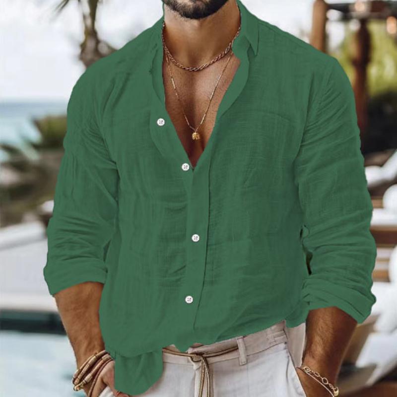 Men's Dark Gray Long Sleeve Casual Shirt with Relaxed Fit, Beach Vacation Style