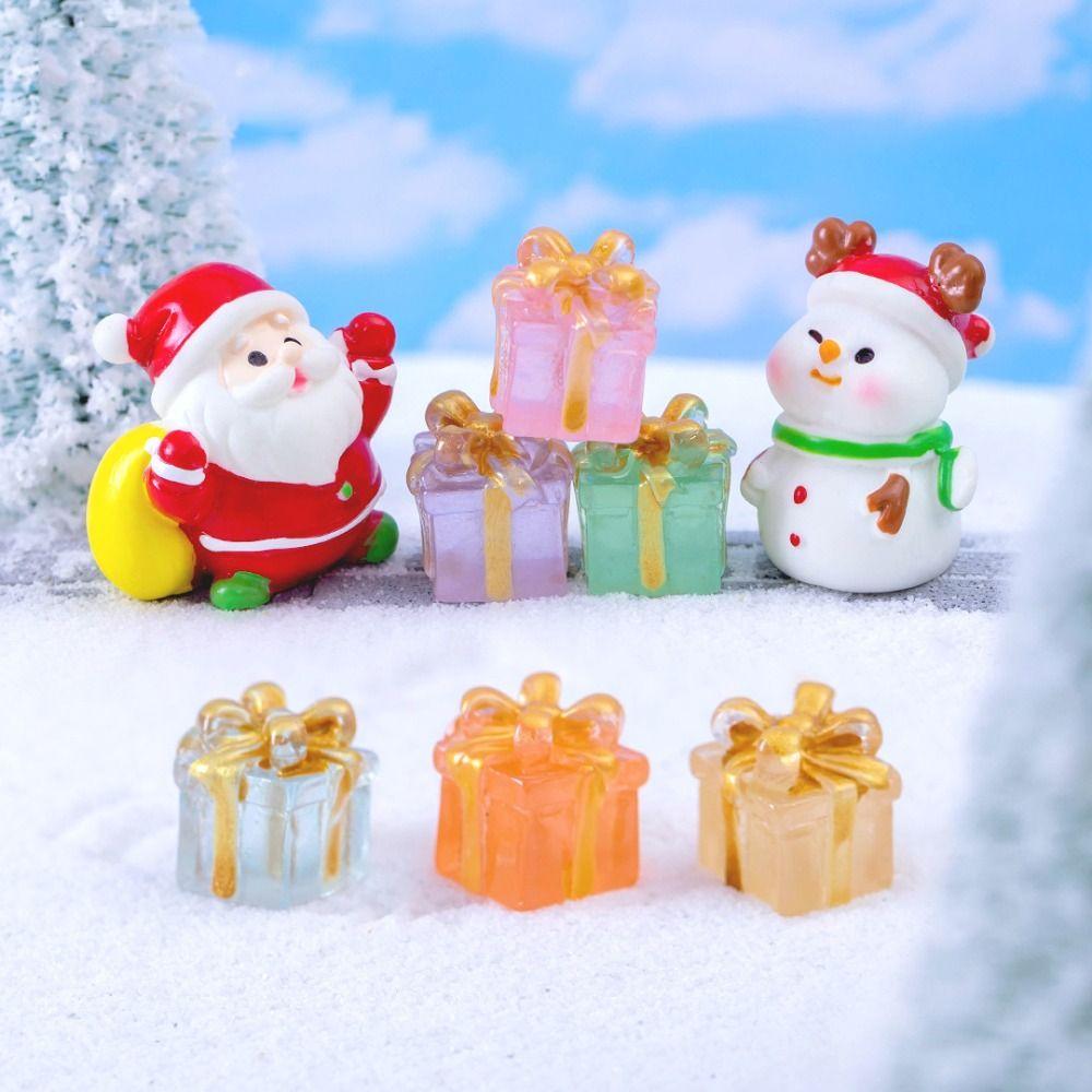 6PCS Micro Landscape Christmas Luminous Gift Box Mini Resin Luminous Gift Box Figurines DIY Crafts Cute Car Small Ornaments