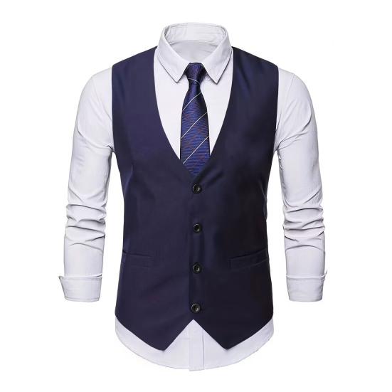 

Men Suit Vest V-Neck Sleeveless Single-Breasted Suit Coat with Pockets Solid Color Slim Fit Formal Style S темно-синий