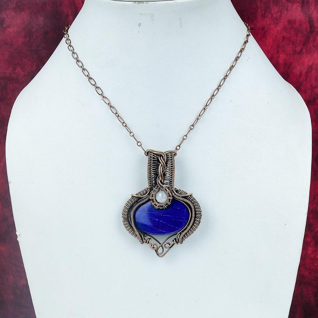 Lapis Lazuli Gemstone Pendant Copper Wire Wrapped Pendant Rainbow Moonstone Jewelry