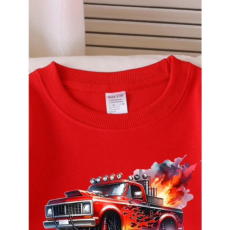 European sizes Red Flame Monster Truck Racing Girls' Crew Neck Sweatshirt, Autumn Winter Western Top, Long Sleeved Casual.