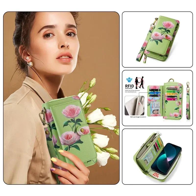 Magnetic Lanyard Leather Zipper Wallet Card Phone Case for iPhone 17 Air 16 15 Pro Max 14 Plus 13 12 11 XS XR X Flip Stand Cover