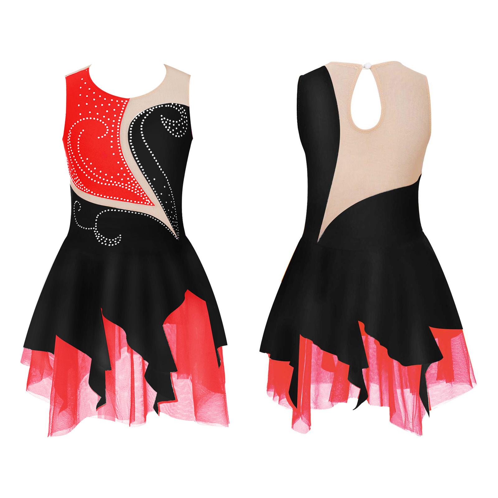 

Детское блестящее танцевальное платье для девочек, без рукавов, с круглым вырезом, стразами, пэчворк, с открытой спиной, праздничный костюм 11-12 Years чёрный/красный