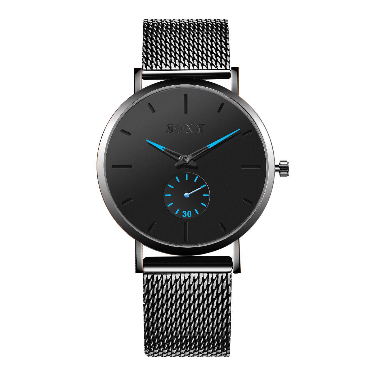 

Мужские часы, наручные часы, роскошный сетчатый ремень, часы из нержавеющей стали, Masculino Relogio, короткие кварцевые часы, простые часы Erkek kol saati синий