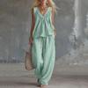 Women's Cotton Linen Two-Piece Outfit Set Sleeveless Top and Long Pants Casual Color