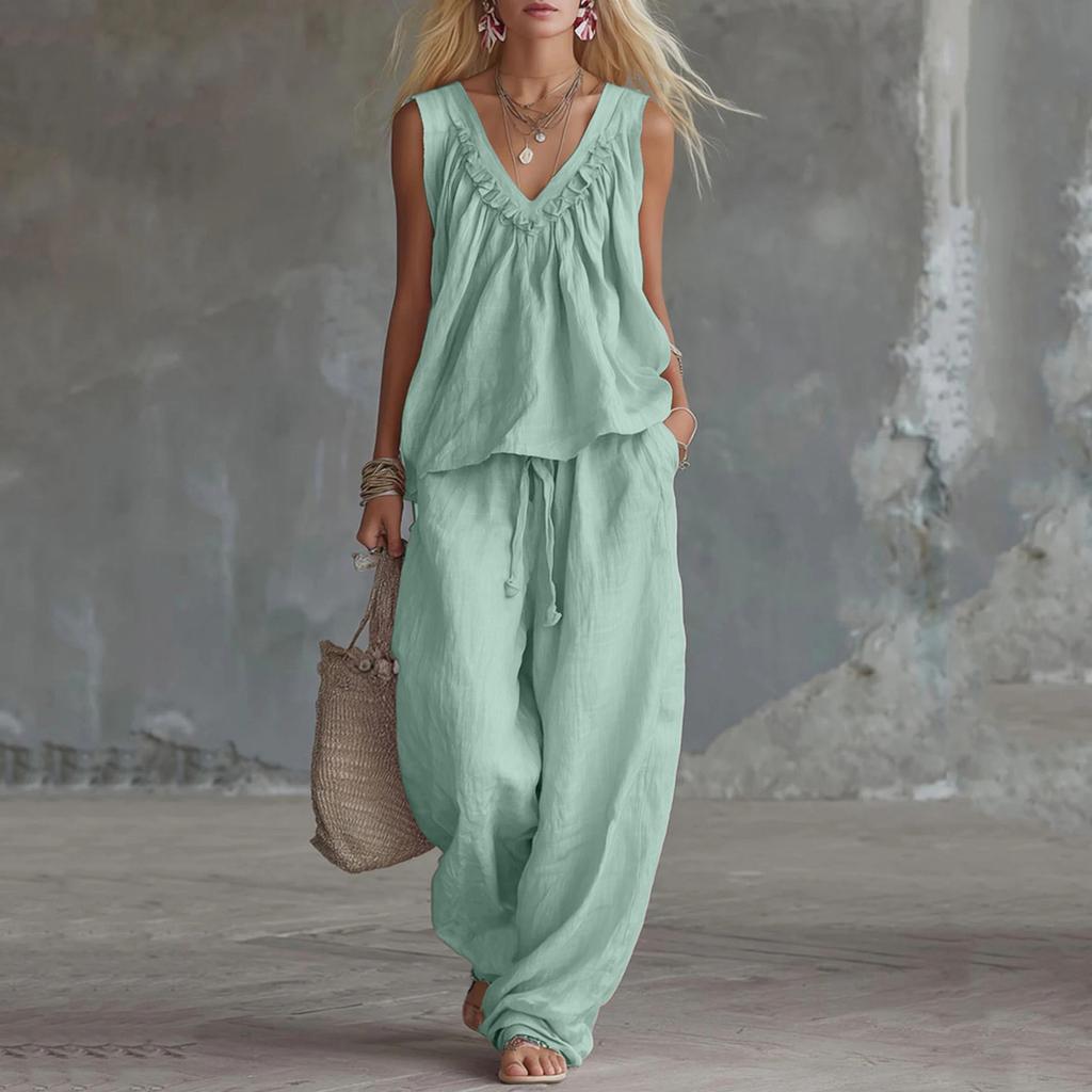 Women's Cotton Linen Two-Piece Outfit Set Sleeveless Top and Long Pants Casual Color