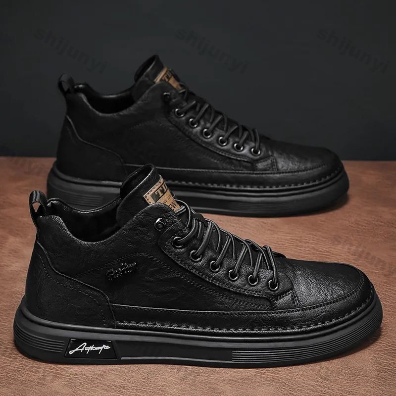 Fashion Men Ankle Boots Black PU Leather Casual Non-slip Shoes Spring Fashion Breathable Platform Boots Comfortable Platform Work Shoes