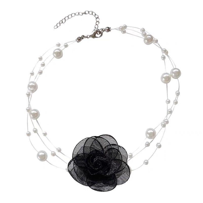 French Romantic Black And White Choker Flower Pearl Necklace Female Summer Collarbone Chain Fairy Neck Chain Year