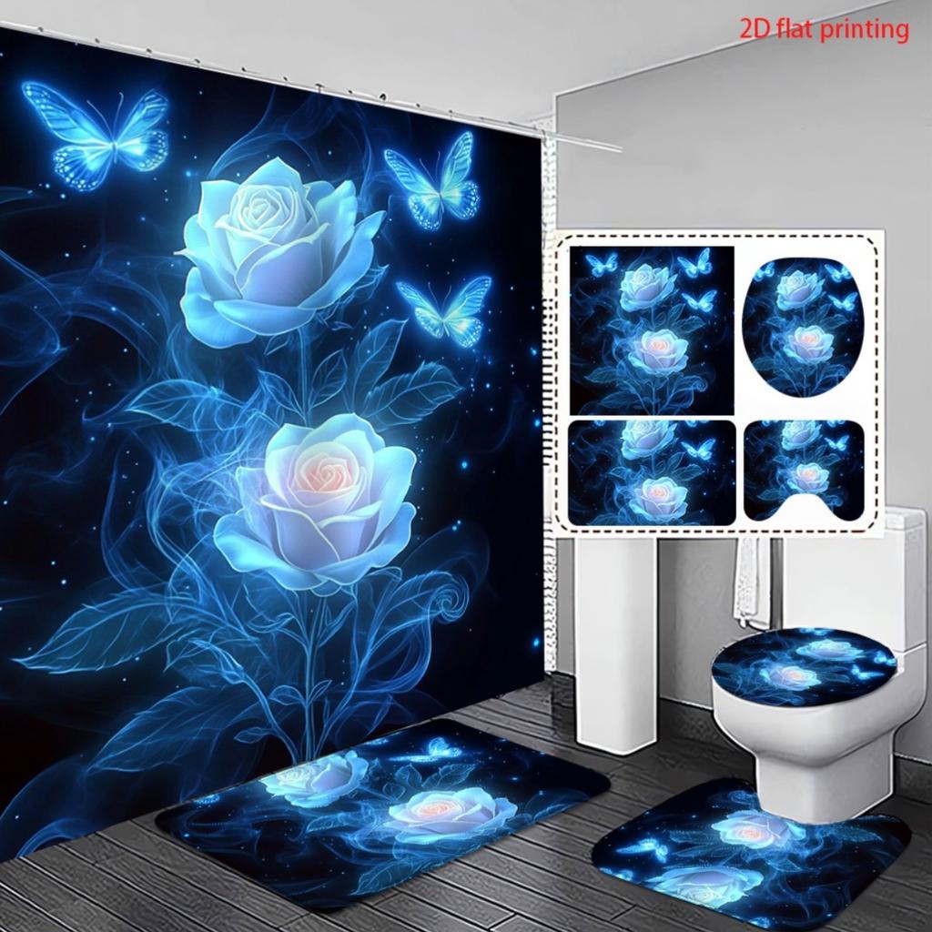 Set Tenda da Doccia da 4 Pezzi con Tappetino Antiscivolo per Bagno, Copriwater, Tappeto Sagomato e 12 Ganci, Decorazione per Bagno