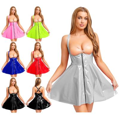 Vestido Gótico Punk Feminino com Aspecto Molhado Brilhante Linha A Decote Baixo Sem Mangas Zíper Frontal Cruzado nas Costas Roupa de Club