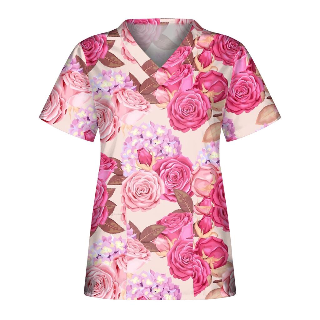 Women's Casual Wear Printed Short-sleeved V-neck Tops Workwear Pocket Tops