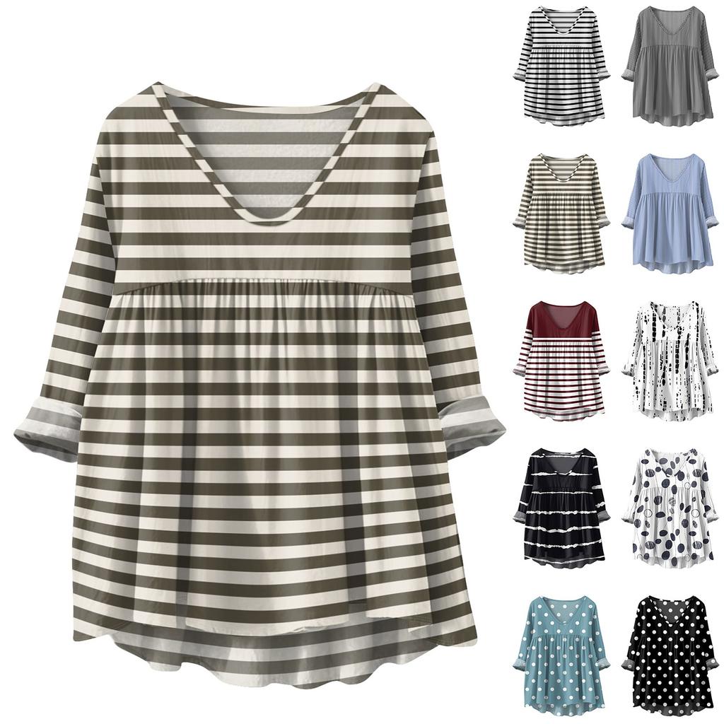 Women's Fashionable And Casual Shirt Long-sleeved V-neck Print Cotton And Linen Blouse