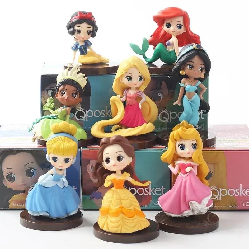 Hot 8pcs/set Q Posket Princess Tiana Snow White Rapunzel Ariel Cinderella Belle Mermaid PVC Figures Model Toys Kid Gift