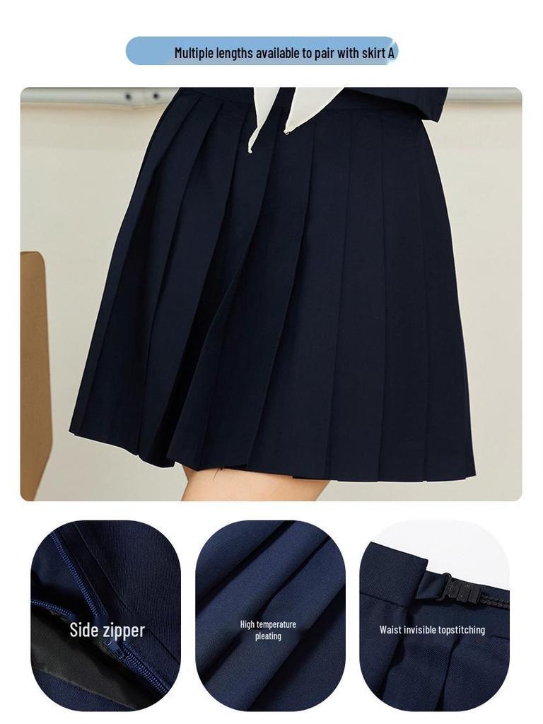 Set gonna uniforme scolastiche JK: Blu Navy Pieghettato Stile College con Maniche Lunghe e Corte e Design a Tre Bottoni