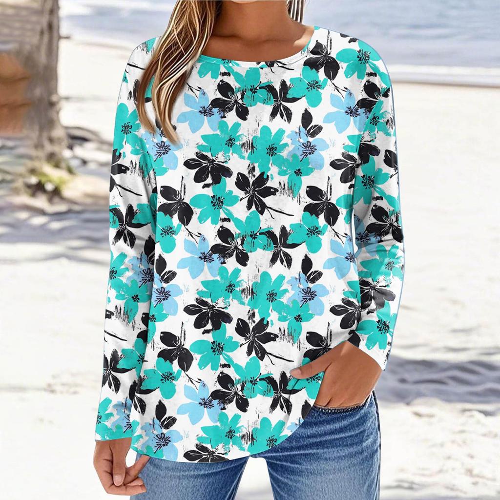 Women's Fashionable Casual Printed Long Sleeved Round Neck Top Round Neck Top Top