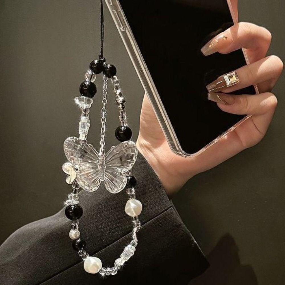 Y2K Clear Bead Phone Strap Fashion Bowknot Wrist Short Rope Phone Lanyard  Phone Bag Accessories