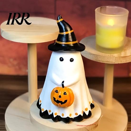 Outdoor Halloween Decoration Ghost Figurine, Cute Wearing Hat And Holding Holiday Vibes Decor Pumpkin Statue, Resin Ornament for Shelf Tabletop