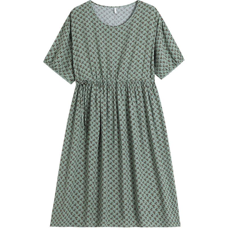 Short-sleeved all-person cotton and silk nightdress, innovative retractable belt, floral knee-length skirt, large skirt, enlarged version