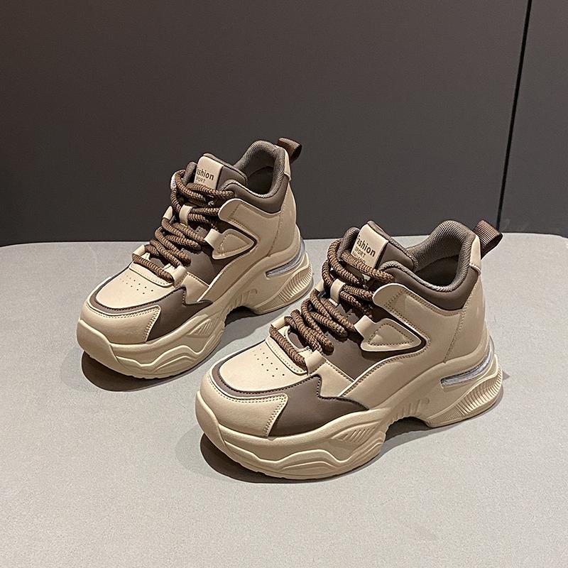 Fashion Chunky Platform Women Sport Sneaker Lace-Up Thick Bottom Vulcanize Shoes Woman Spring Autumn Pu Leather Breathable Running Shoes