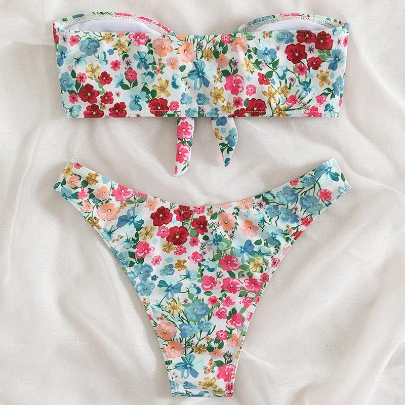 Floral Print Bandeau Bikini Set Off Shoulder Push Up Swimsuit Women Tube Top Bikinis Knot Swimwear 2025 Sexy Summer Bathing Suit