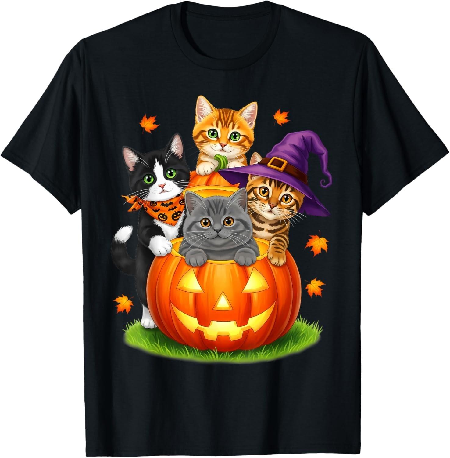 Cute Kittens Pumpkin Halloween Spooky Season Men Women unisex T-Shirt Mens Womens Tees Top S