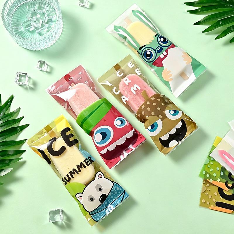 100Pcs Cartoon Ice Cream Packaging Bag Homemade Popsicle Disposable Plastic Popsicle Protective Cover Storage Sealing Bag Diy