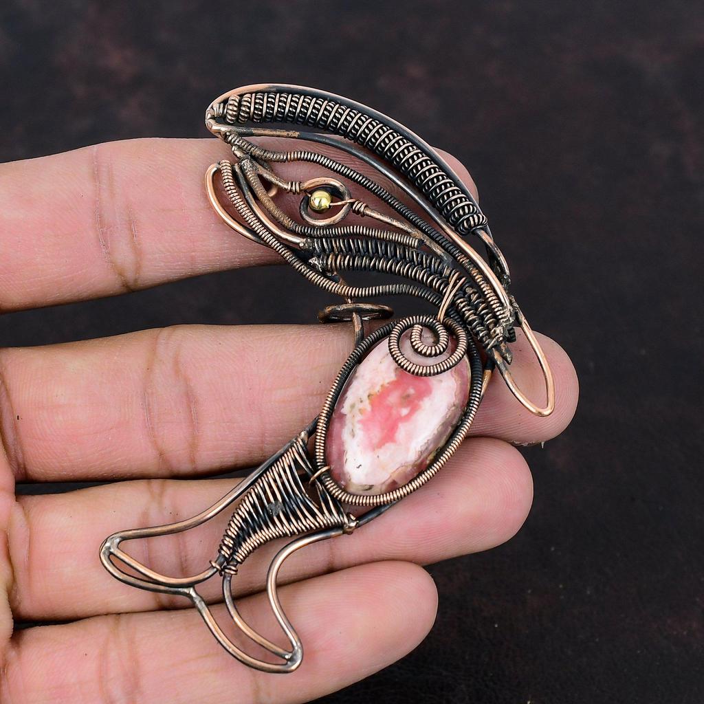 Rhodochrosite Pendant Copper Wire Wrapped Gemstone Pendant Wonderful Fish Pendant Unique Copper Design Jewelry Gift For Mom Handmade Jewelry