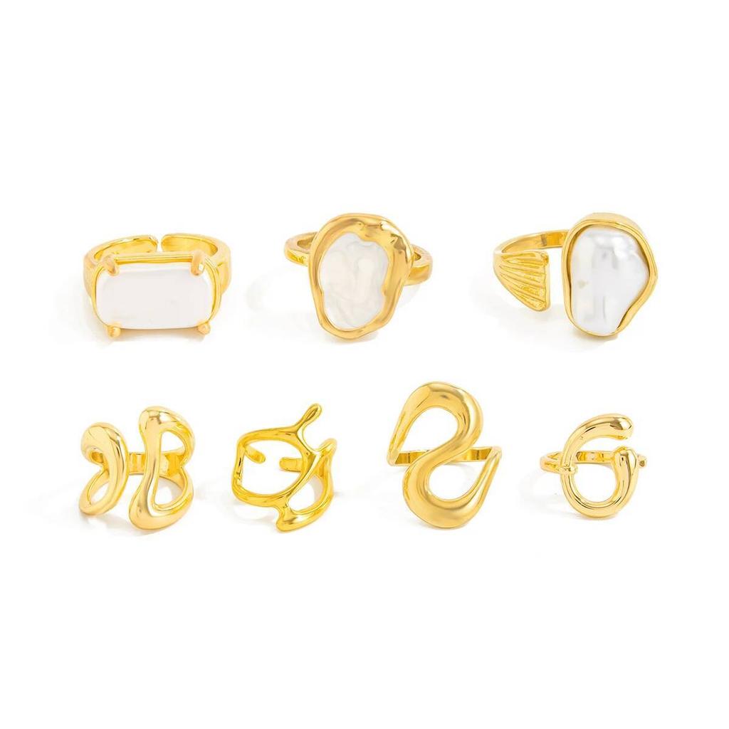 Salircon 7Pcs/set Punk Geometric Irregular Metal Open Rings for Women Trendy Exquisite Imitation Pearl Knuckle Ring Jewelry Gift