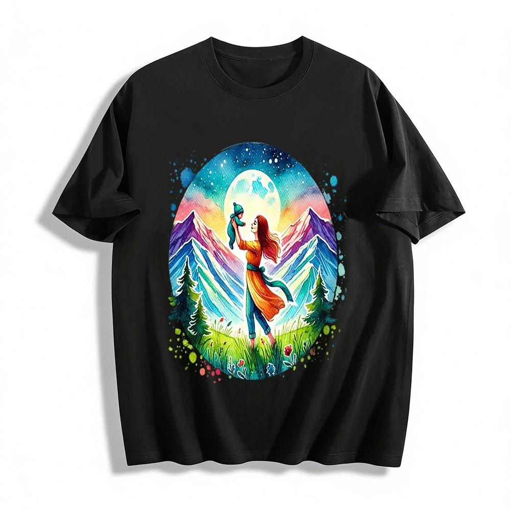 Moonlit Mountain Mom And Baby Graphic Casual Top Pure cotton T-shirt XXS