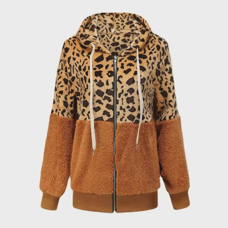 Damen Leopard Print Gespleißter Flauschiger Kapuzenpullover - Winter 2021 Kollektion