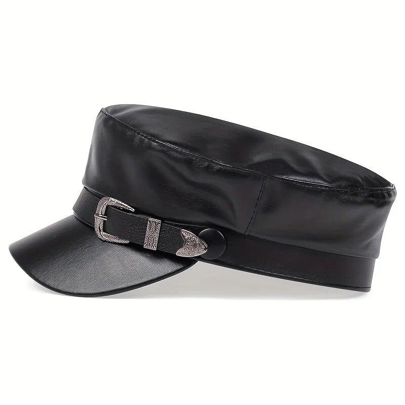 Moda Donna Fibbia Grande Cintura Cappello in Pelle Primavera Autunno Cappelli da Marinaio Nero Berretto da Donna Cappelli Piatto Capitano Militari da Uomo
