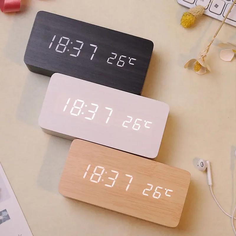 Wooden Digital Alarm Clock, LED Alarm Clock with Temperature Desk Clocks for Office,Bedside Clock Wooden Digital Alarm Clock