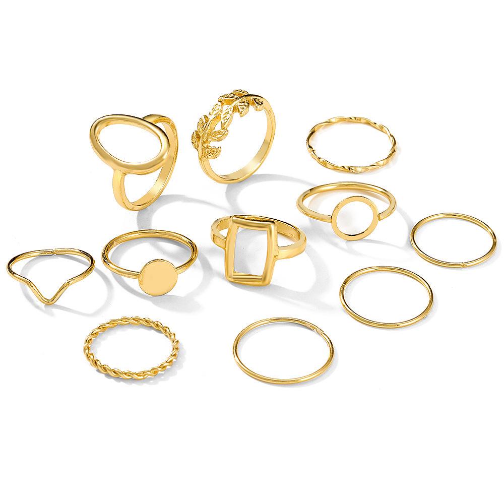 11-Piece Geometric Leaf Ring Set: Creative, Stylish Joint Rings for Women