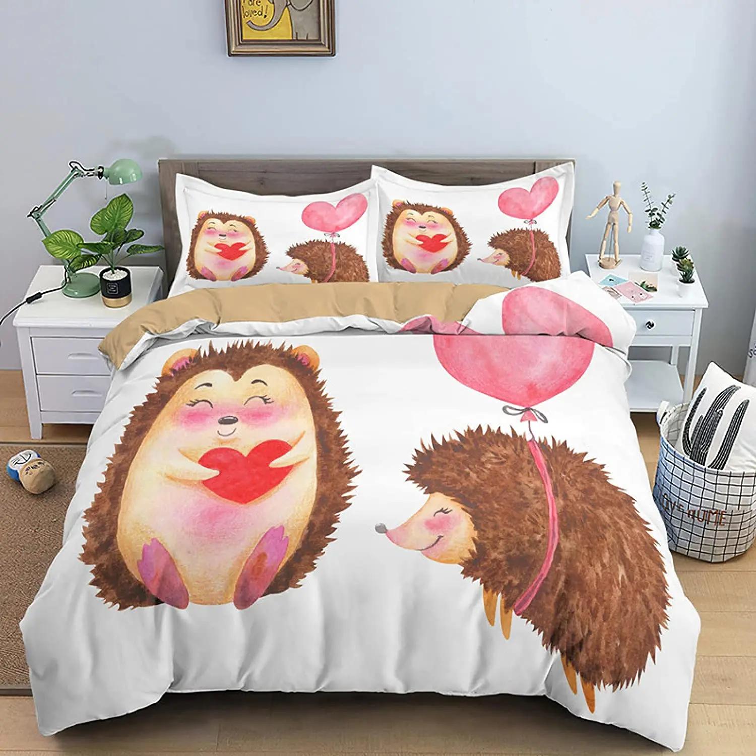 

Carton Hedgehog Beding Set Lovely Hedgehog Soft Duvet Cover Flower Patern Polyester Warm Comforter Cover Wildlife Comfortable Quilt Cover featuring 120*200cm Single