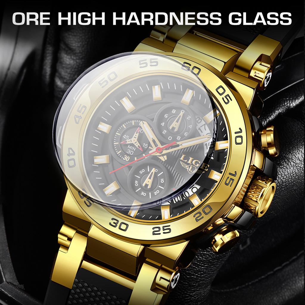 LIGE Sports Mens Watches Silicone Strap Chronograph Man Wristwatch Luminous Date Quartz Male Clock Function Small Dial Wach Box