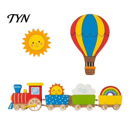 Non Damaging Wall Decor 4Pcs Cartoon Train Hot Air Balloon 3D Wooden Decor, Colorful Kids Lightweight Wood Signs Room Hanging, Nursery Educational
