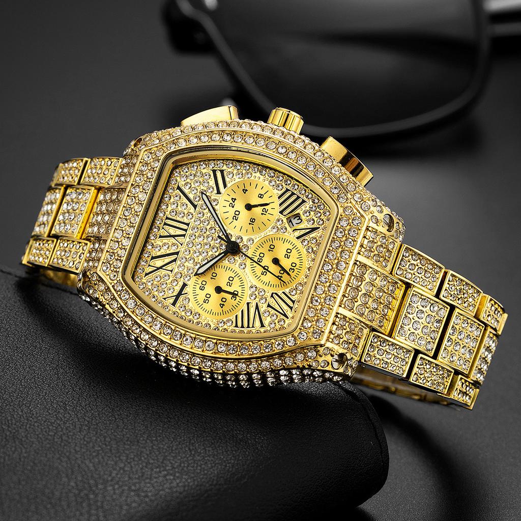 Gold Watch For Men Hip Hop Bling Bling Tonneau Quartz Watches For Large Man Waterproof Millerable Hand Clock Gift