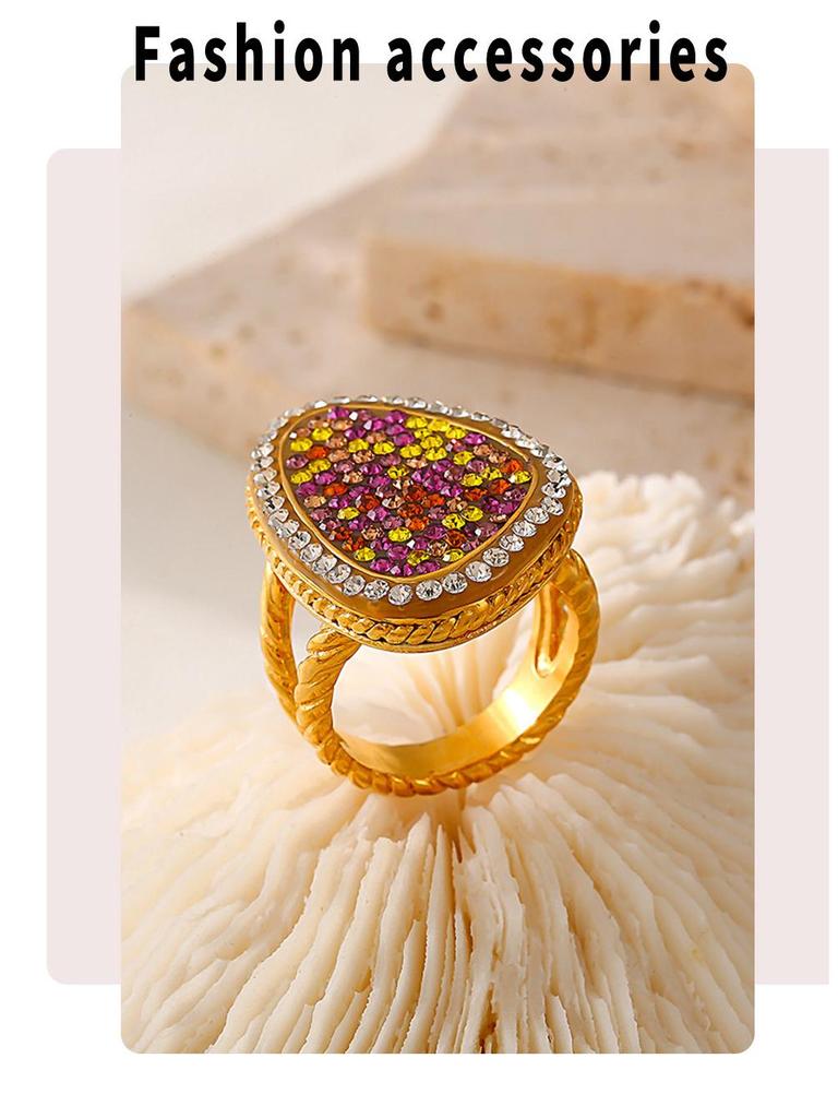 European-American Water Drop Braided Ring, Colored Diamond, 18k Gold PVD-Plated Titanium Steel Fashion Jewelry