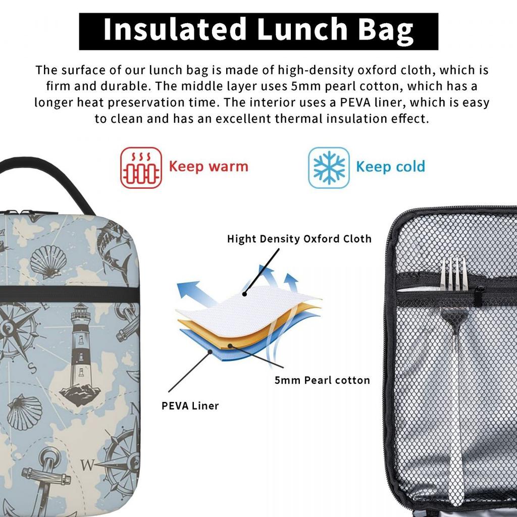 Navy Ship Nautical Anchor And Ship Wheel Ocean Insulated Lunch Bag for Women Kids Portable Food Boxes Thermal Lunch Box Tote