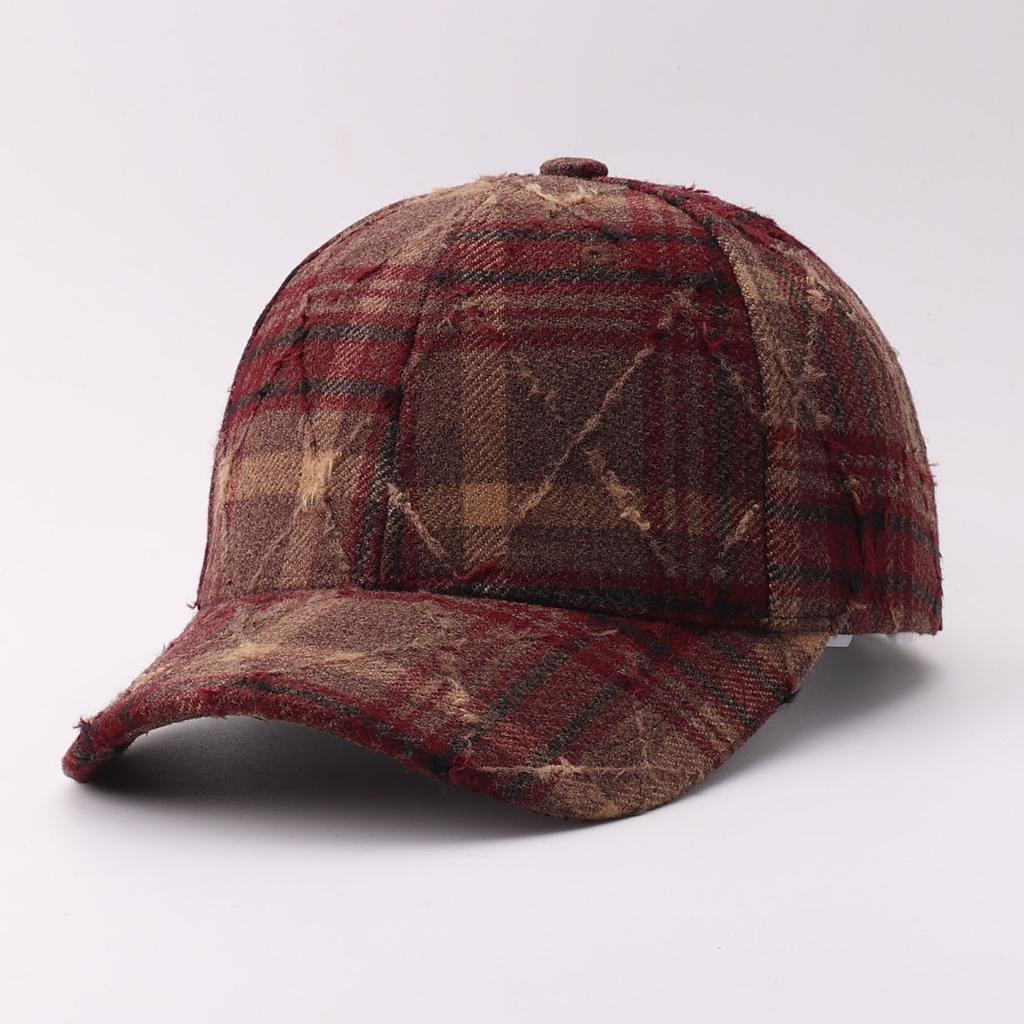 Plaid baseball cap Plaid woolen warm ripped cap European and American literary and retro sun hat